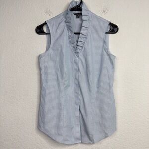 Brooks Brothers Shirt Women 2 Blue Striped Ruffled Neck Sleeveless Career Preppy